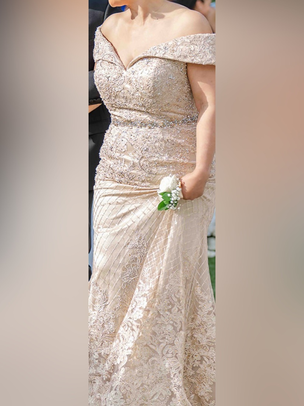 Off-Shoulder Beaded Evening Gown in Champagne - Picture 2 of 5